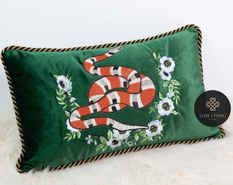 Luxe Embroidered Snake & Flowers Velvet Pillow Cover (No Filling) | Luxury Dark Green Python Lumbar Throw Pillow | Vintage Designer Cushion
