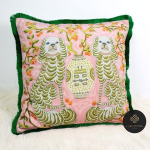 Luxe Dog & Vase Velvet Pillow Cover With Fringe  (No Filling) | Retro Contemporary Victorian Staffordshire Spaniel Dogs Accent Throw Pillow