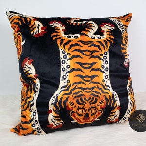 Luxe Tiger Velvet Designer Pillow Cover (No Filling) | Luxury Tibetan Retro Accent Pillow | Decorative Animal Throw Pillow | Black Vintage