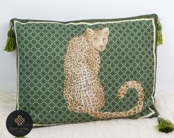 Luxe Leopard Print Throw Pillow Cover With Tassels (No Filling) | Luxury Jungle Animal Accent Pillow | Decorative Designer Tropical Pillow