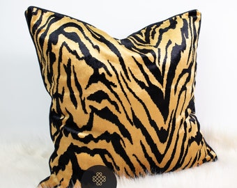Golden Tiger Print Pillow Cover | Velveteen Accent Pillow (No Filling)