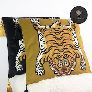 Luxe Tibetan Tiger Velvet Accent Pillow Cover With Tassels (No Filling) | Designer Vintage Tibet Statement Pillow | Luxury Decorative Pillow