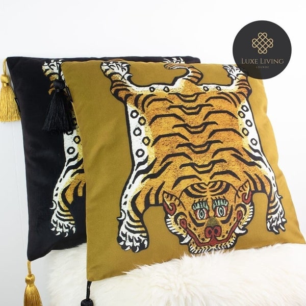 Luxe Tibetan Tiger Velvet Accent Pillow Cover With Tassels (No Filling) | Designer Vintage Tibet Statement Pillow | Luxury Decorative Pillow