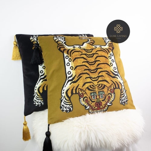 Housse de coussin décoratif en velours tibétain de luxe avec glands (sans rembourrage) | Oreiller décoratif vintage du Tibet | Oreiller décoratif de luxe