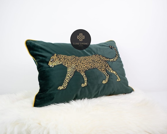 Luxe Dark Green Velvet Pillow Cover With Embroidered Golden