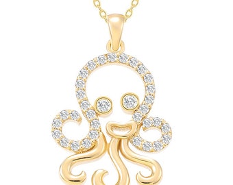 14K Gold Diamond Octopus Necklace, Sea Life Pendant