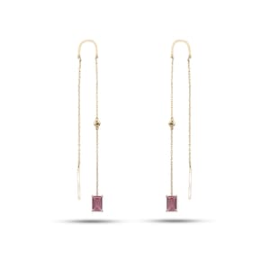 14K Rectangle Cut Pink Sapphire Gemstone Dangle Diamond Earrings,Diamond Earrings, Rectangle Theme Pink Sapphire Earring Gift For Lover