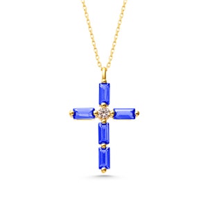 Diamond Cross Necklace in 14k Sapphire Baguette Gold for Women • Gold Religious Jewelry for Christian • Gift for Her Baptism