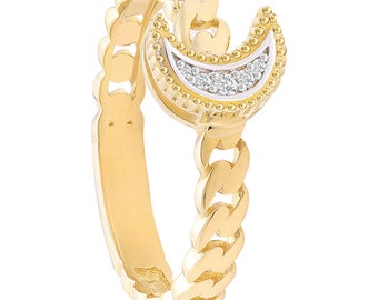 14K Gold Diamond Moon Ring: Dainty Minimalist Design