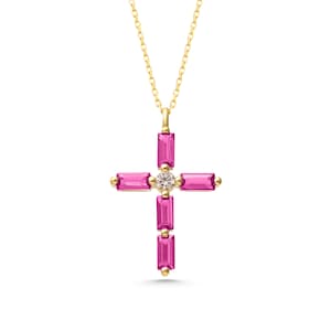 Diamond Cross Necklace in 14k Ruby Baguette Gold for Women • Gold Religious Jewelry for Christian • Gift for Her Baptism