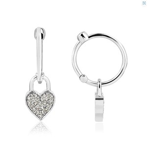 14K White Gold Heart Lock Hoop Earrings – Sparkling CZ Charm Huggies for Women