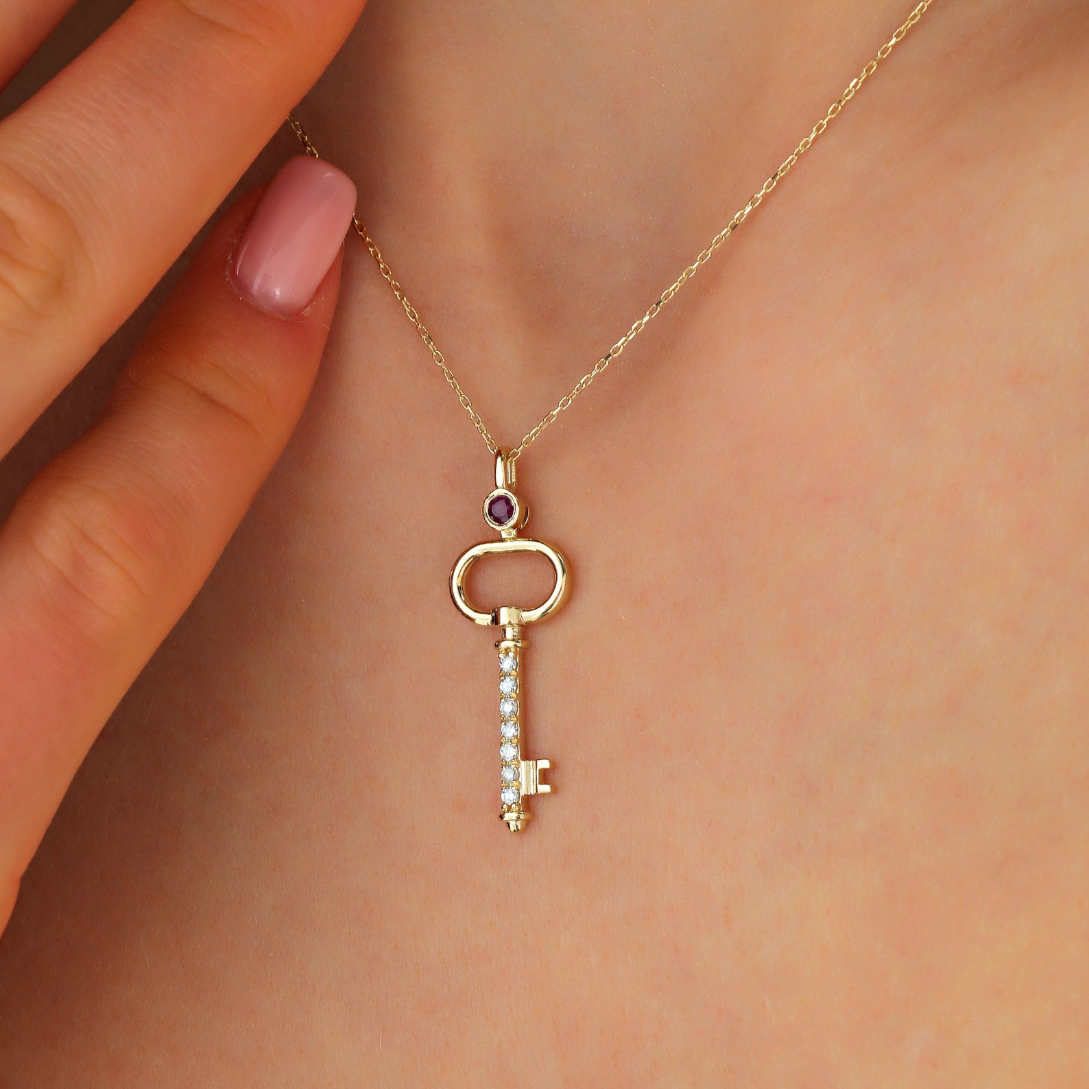 14K Gold Key Necklace: Diamond & Ruby Pendant - Etsy