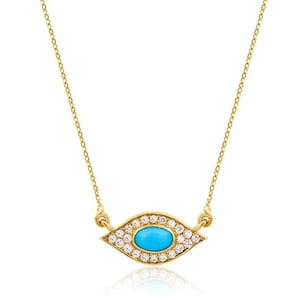 Evil Eye Necklace with Turquoise & Diamonds – 14K Yellow Gold Protective Amulet Pendant, Dainty Blue Eye Charm Jewelry, Good Luck Gift