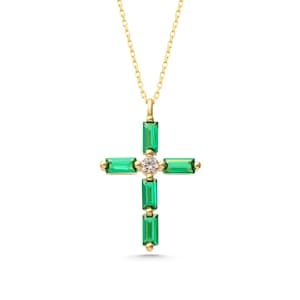 Diamond Cross Necklace in 14k Emerald Baguette Gold for Women • Gold Religious Jewelry for Christian • Gift for Her Baptism