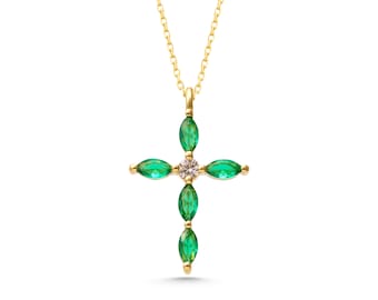 Marquise Emerald Diamond Cross Necklace: 14k Gold Christian Jewelry