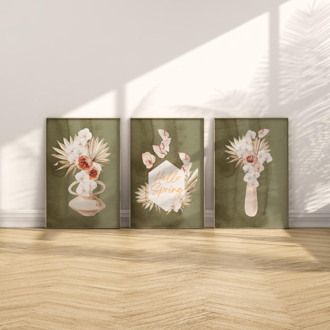 Boho Botanical Print Set of 3 Hello Spring Gallery Wall Art Green ...