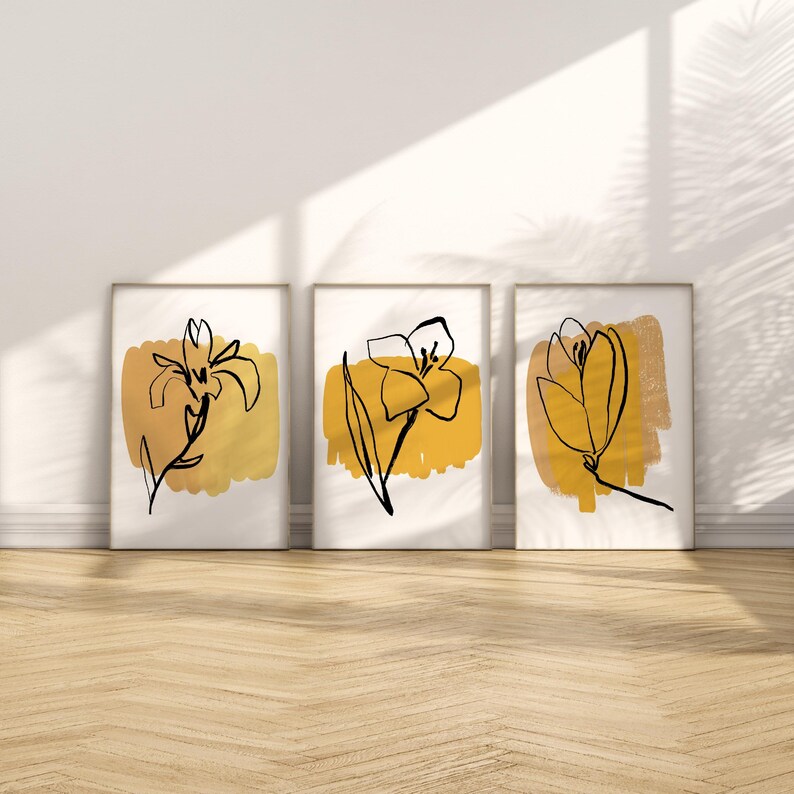Boho Botanical Print Set of 3 | Yellow Gallery Wall Art | Farmhouse ...