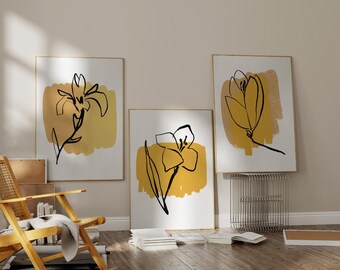 Boho Botanical Print Set de 3 / Yellow Gallery Wall Art / Farmhouse Modern Digital Art Prints / Line Art Imprimible Wall Art / Gallery Wall