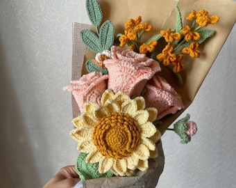 Finished Crochet rose Bouquet, Handmade Knitted Bouquet,Sunflower Bouquet,Knitted Flowers,Gift For Her, Mother's Day Gift,Birthday Gift