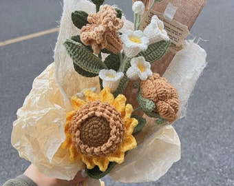 Finished Crochet Flowers Bouquet, Handmade Knitted Bouquet,Sunflower Bouquet,Knitted Flowers,Mix Crochet Bouquet