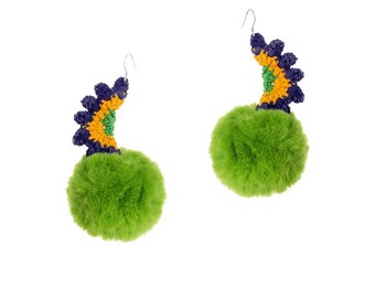 Unique Handmade Furry Ball Earrings - Niche, Designer Aesthetic, High-Quality Green Ear Jewelry with Plush Ear Clips.