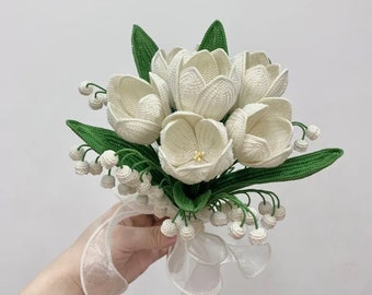 Finished Handmade tulip bouquet, crochet lily of the valley bouquet, valentines's day and mother's day, wedding flower,Bridal bouquet
