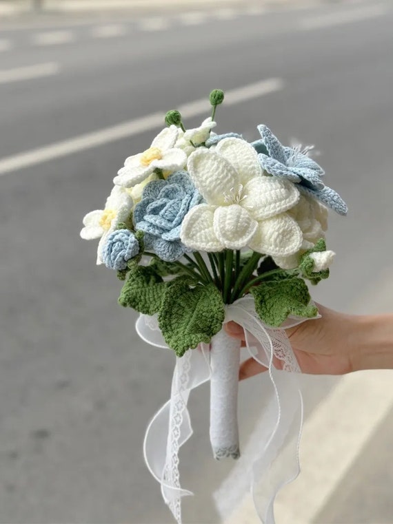Finished Crochet Tulip and Rose Flower Bouquet, Forget Me Not Flower,wedding  Flower Bouquet, Anniversary Bouquet, Bridal Bouquet 