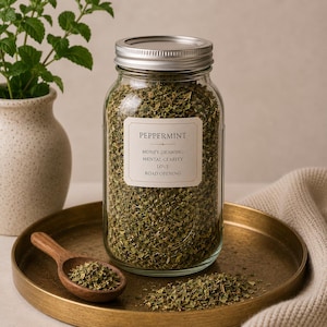 May include: A clear glass jar filled with dried green peppermint leaves, featuring a silver metal lid and a white label that reads PEPPERMINT, MONEY DRAWING, MENTAL CLARITY, LOVE, ROAD OPENING. A small wooden scoop rests nearby with loose herbs.