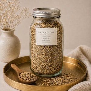 May include: A clear glass jar filled with dried, shredded licorice root, topped with a silver metal lid. The white label reads: LICORICE ROOT, COMMANDING, FIDELITY, DOMINATION, BINDING LOVE. A small wooden spoon holds a portion of the root.