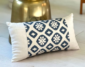 Handmade Linen Lumbar Pillow: Indigo Print Organic Kapok Insert
