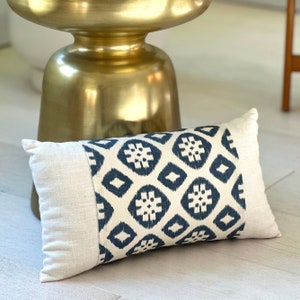LUMBAR PILLOW - White Linen Indigo Print + Natural Kapok Insert Handmade Organic Throw Cushion Sustainable Regenerative Ecofriendly Support