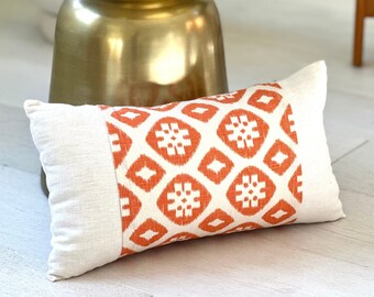 Handmade White Linen Lumbar Pillow: Yam Print Organic Kapok Cushion