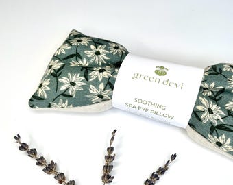 Teal Daisy Print Handmade Linen Spa Eye Pillow Lavender Buds and Flaxseed Aromatherapy