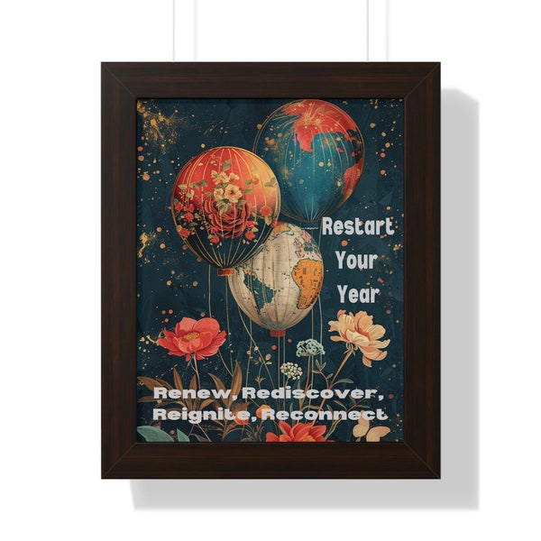 Restart Your Year Wall Art | Re-New Year framed poster | Boho home office decor | Personal motivation | Inspirational Gift | Hot air balloon