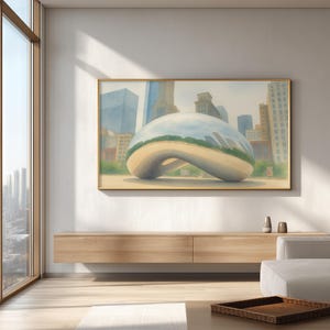 May include: A framed watercolor painting of a large, reflective, silver sculpture in a city park. The sculpture is in the foreground, with tall buildings in the background. The artwork is displayed in a modern living room setting.
