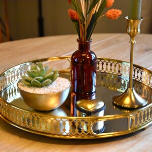 Gold Mirror Vanity Tray| Gold Glass Decorative Vintage Metal Candle Plate| 2 sizes |Perfume Display Trays | Round Home Decoration Tray