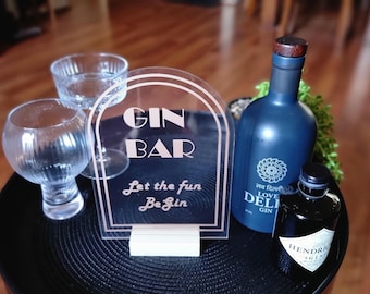 Art Deco Gin Bar Sign - Acrylic with Gold Vinyl Lettering & Wooden Base