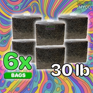 May include: Six clear plastic bags filled with dark material, each labeled with a white tag. The bags are stacked, with the text "6x BAGS" in green and "30 lb" in white. The background features a colorful, psychedelic swirl design.