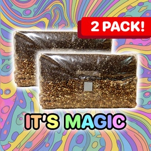May include: Two packs of brown and beige mushroom grow kits in clear plastic bags. The bags are labeled "IT'S MAGIC" and "2 PACK!"