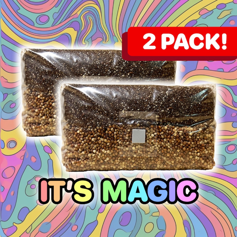 May include: Two packs of brown and beige mushroom grow kits in clear plastic bags. The bags are labeled "IT'S MAGIC" and "2 PACK!"
