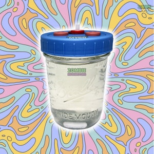 May include: A blue glass jar with a wide mouth and a blue lid with three red buttons. The jar is filled with a clear liquid and the text "WIDE MOUTH" is printed on the bottom of the jar. The text "ZOMBIE MUSHROOMS" is printed on the jar.