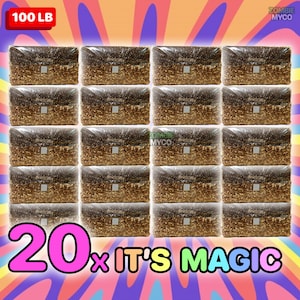 May include: Twenty bags of brown grain-like material, each weighing 100 pounds, are stacked in rows of five. The bags are sealed in clear plastic and labeled "IT'S MAGIC".