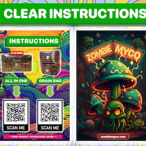 May include: A colorful illustration of a mushroom with a skull face and the text "Zombie Myco" on a sign above it. The image also includes two QR codes with the text "Scan Me" below them. The text "More product instructions online" is at the bottom of the image.