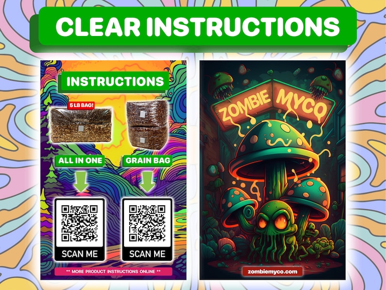May include: A colorful illustration of a mushroom with a skull face and the text "Zombie Myco" on a sign above it. The image also includes two QR codes with the text "Scan Me" below them. The text "More product instructions online" is at the bottom of the image.