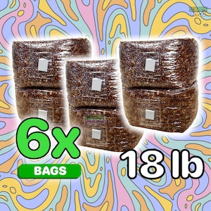 May include: Six brown bags filled with a brown substance, labeled "6x BAGS" and "18 lb".