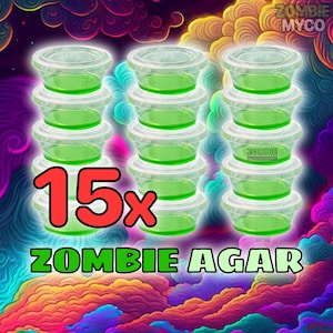 May include: 15 clear plastic containers with green jelly-like substance inside. The containers are stacked in groups of five. The text "15x ZOMBIE AGAR" is in large red and green letters.