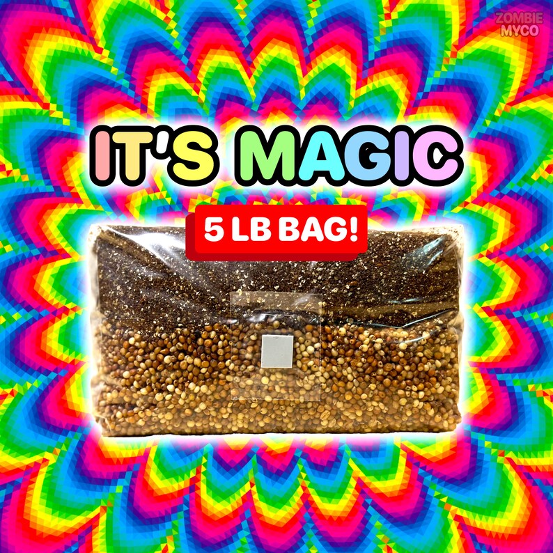 May include: A clear plastic bag filled with a brown and white grain mixture. The bag is labeled "IT'S MAGIC 5 LB BAG!" and is set against a colorful psychedelic background.
