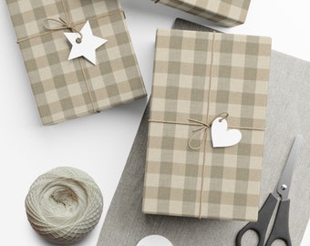 Feuille de papier d’emballage cadeau gris neutre mat, beige, vert à carreaux - Papier d’emballage simple - Ferme rustique
