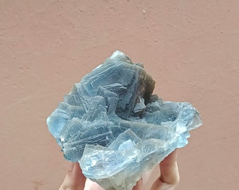 Rare 1.24kg Natural Blue Fluorite Gemstone On Matrix Coloured Fluorite Mineral Specimen