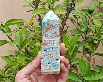 12-cm Natural Stone Blue Aragonite Tower Gemstone Healing Crystal Tower 264g